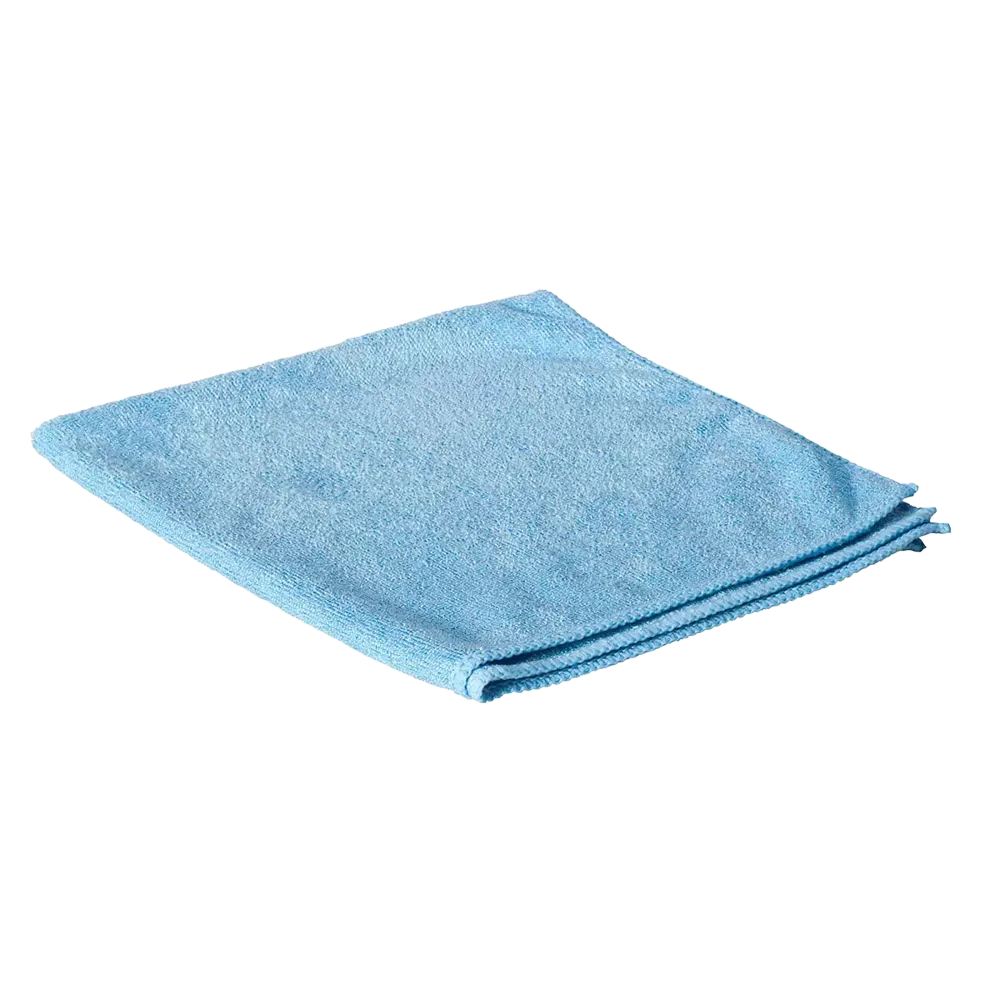 Voor een witte achtergrond is een schoon gevouwen lichtblauwe AMPri Clean Comfort microvezeldoek 40 x 40 van AMPri Handelsgesellschaft mbH te zien.