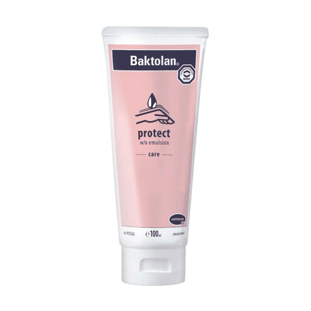 Un tube de 100 ml d'article discontinué : la crème protectrice pour la peau BODE Baktolan® de Paul Hartmann AG a une étiquette rose avec des lettres noires, un bouchon blanc, un graphique de main, une information sur le produit et le logo de protection de la peau BODE.