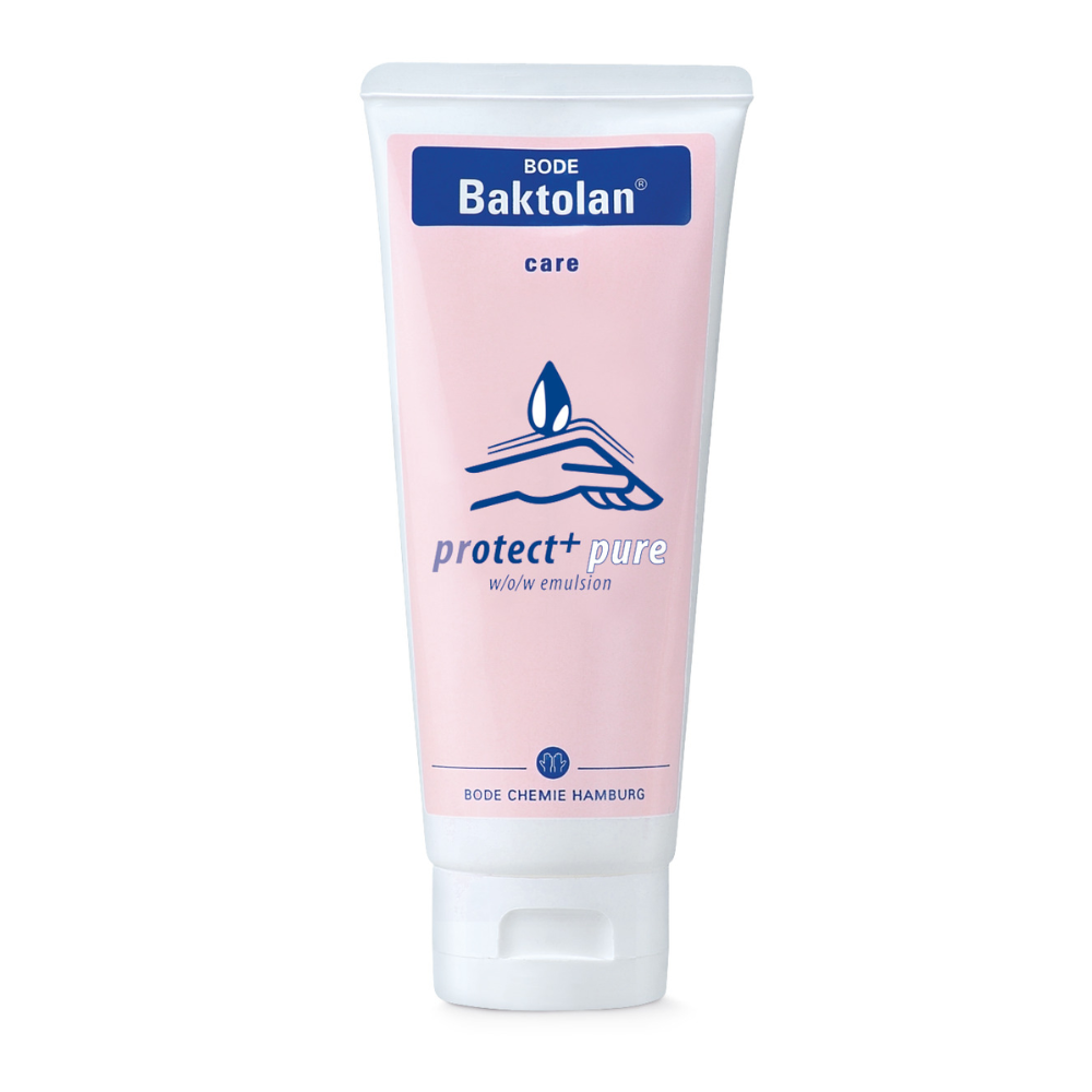 Een tube BODE Baktolan® protect+ pure crème van Paul Hartmann AG met roze etiket en blauwe tekst, voorzien van het merkelogo en de aanduiding „regenererende verzorging o/w emulsie“ van B.