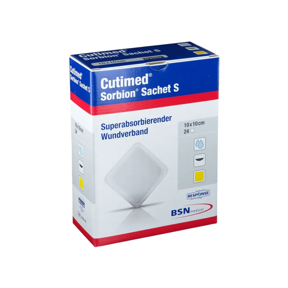 Le pansement Cutimed® Sorbion® Sachet S de BSN de BSN Medical GmbH se présente dans un emballage qui met en avant le pansement superabsorbant pour une gestion optimale de l'exsudat. La boîte, principalement blanche avec des accents bleus et rouges, contient 24 pièces au format 10x10 cm.
