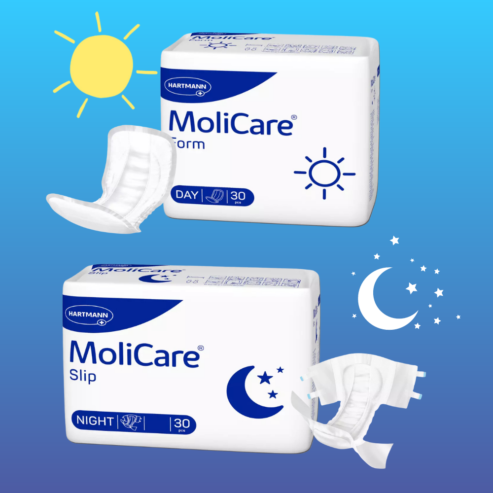 Das Bild zeigt zwei Packungen mit MoliCare-Inkontinenzprodukten vor blauem Hintergrund mit Sonne und Mond. Eine Packung trägt die Aufschrift „MoliCare Form Day“, die andere „MoliCare Slip Night“. Jede Packung enthält eine Grafik, die die Verwendung bei Tag oder Nacht symbolisiert.