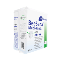 L'emballage des BeeSana® Medi-Pants, culottes d'incontinence taille grande, présente une boîte blanche et bleue contenant 14 culottes d'incontinence. Des symboles illustrent leur utilisation et le texte met en avant des caractéristiques telles que la respirabilité et le confort, avec la mention « Meditrade GmbH ».