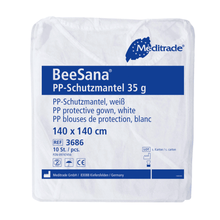 Emballage pour la blouse de protection Meditrade BeeSana® PP 35g, une blouse blanche pour usage hospitalier de Meditrade GmbH. L'emballage mesure 140 x 140 cm et est idéal pour un usage unique. Il contient au total 100 pièces par paquet.