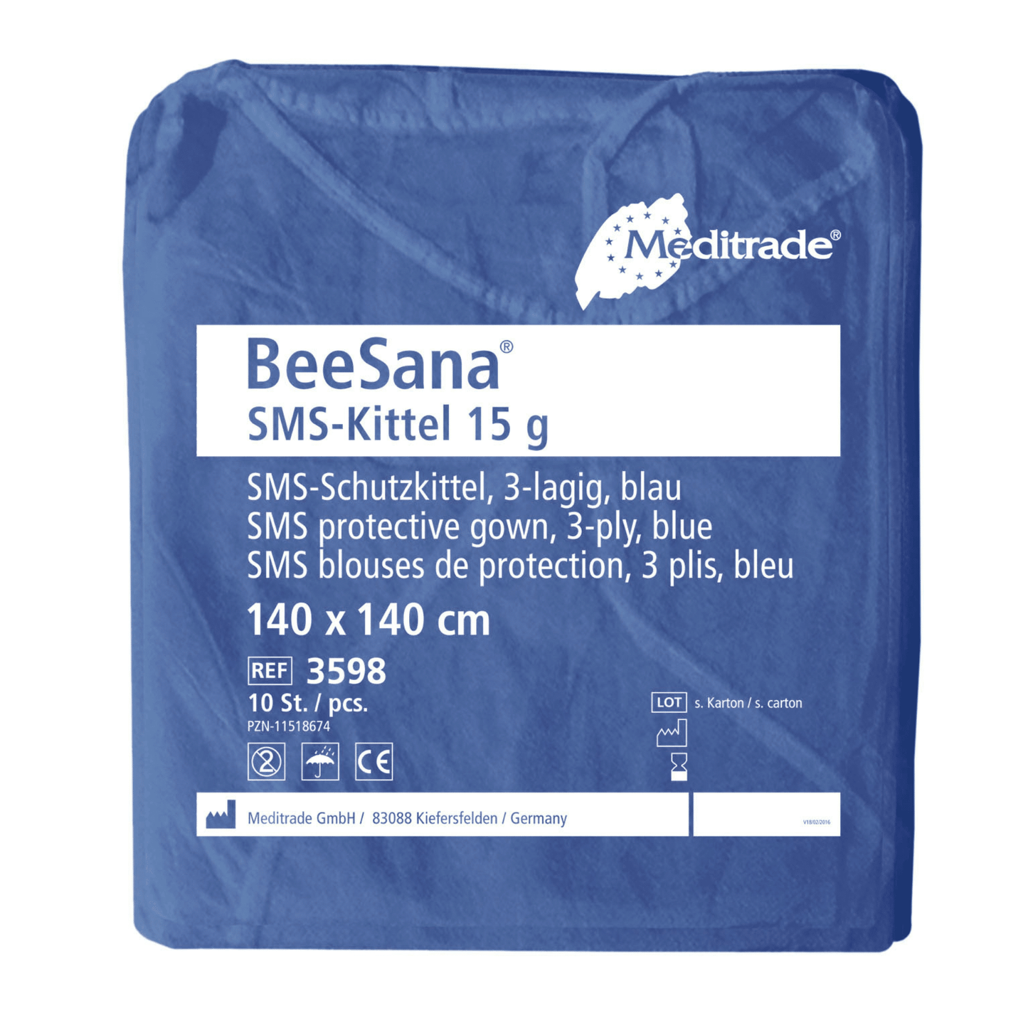 Een verpakking met 100 Meditrade BeeSana® SMS-jassen 15g (uitlopend artikel) van Meditrade GmbH, voor eenmalig gebruik. Artikelinfo in Duits, Engels & Frans.
