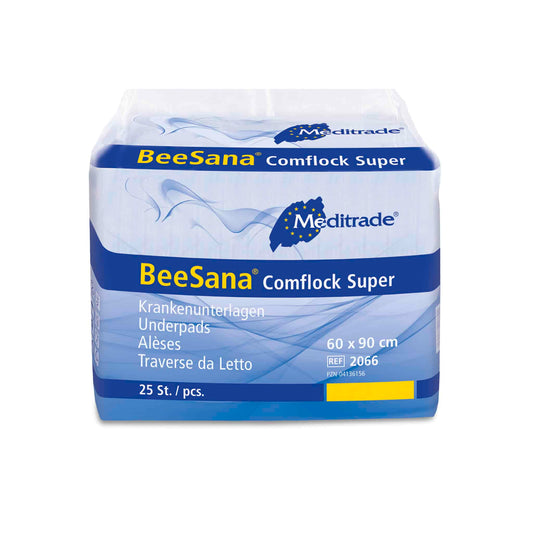 Das Bild zeigt ein Paket Meditrade BeeSana® Comflock Super Bettunterlagen. Das überwiegend weiße Paket mit blauen Akzenten enthält 25 Unterlagen mit den Maßen 60 x 90 cm, die für optimalen Pflegekomfort ausgelegt sind. Auf der Vorderseite sind Gebrauchsanleitungen und Produktinformationen aufgedruckt.