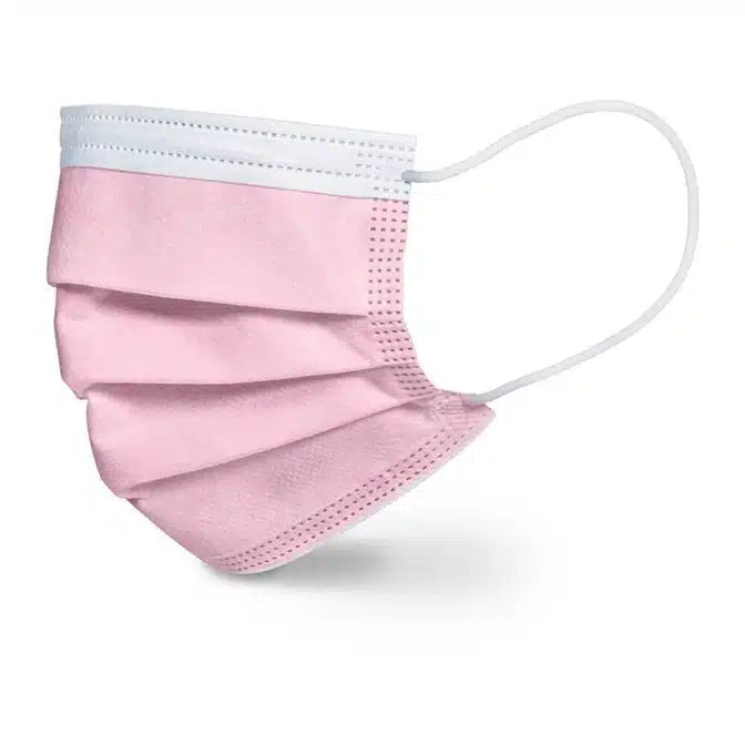 De Beurer chirurgische maskers in roze MM 15 (20 stuks, Beurer GmbH) is een 3-laags wegwerpgezichtsmasker met witte oorlussen en een bovenste witte streep, CE-gecertificeerd voor hoge bacteriële filtratie, afgebeeld op een effen witte achtergrond.