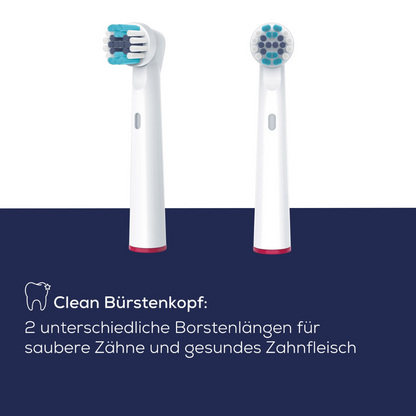 Sur un fond blanc et bleu foncé, deux têtes de brosse à dents électriques avec texte allemand sont illustrées. Le texte indique : « Tête de brosse Clean : 2 longueurs de poils différentes pour des dents propres et des gencives saines. » Adapté à chaque fois pour les brosses à dents rotatives de la gamme Beurer Tête de brosse Clean pour TB 30/TB 50 de Beurer GmbH.
