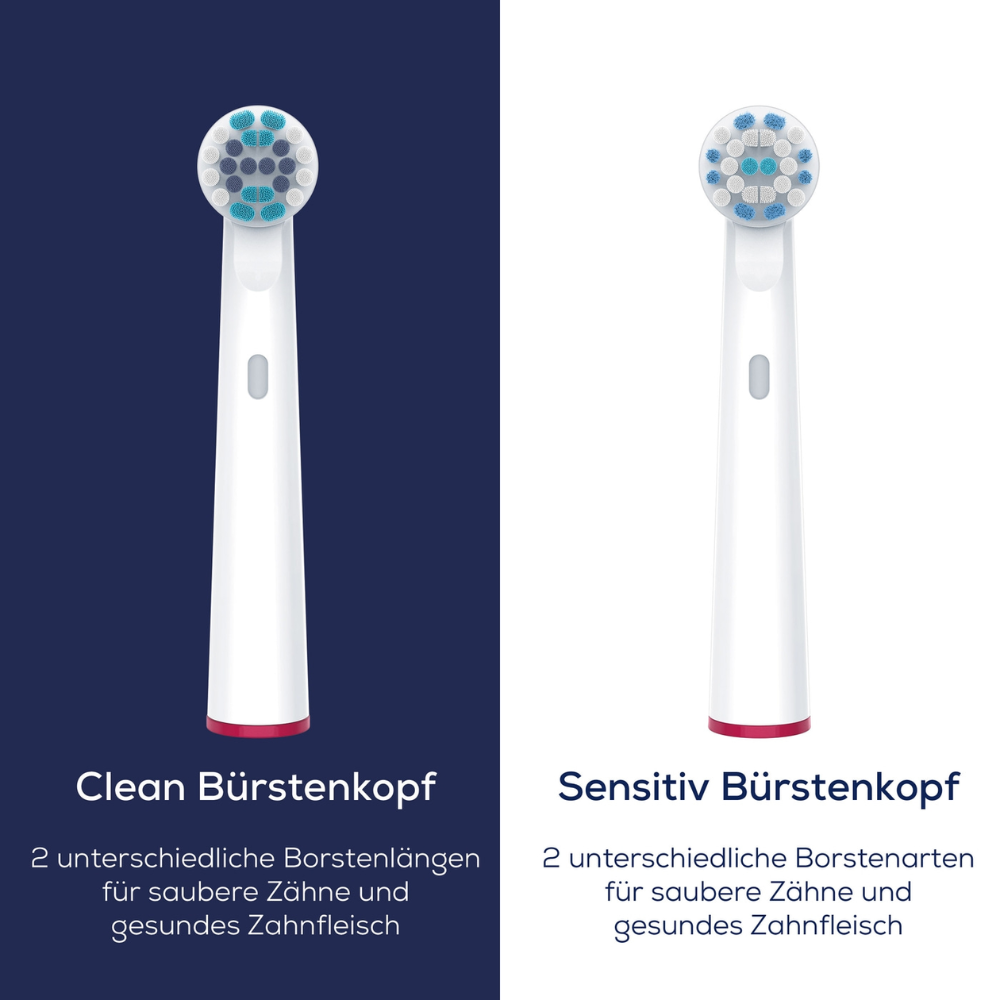 Une image partagée montre deux têtes de brosse à dents électriques devant des arrière-plans de couleurs différentes. Le côté gauche avec l'inscription « Beurer Tête de brosse Clean pour TB 30/TB 50 » a un fond bleu. Le côté droit avec l'inscription « Tête de brosse Sensitive » a un fond blanc. Le texte en allemand décrit les deux modèles de tête de brosse Beurer et leur capuchon de protection pour brosses à dents rotatives.