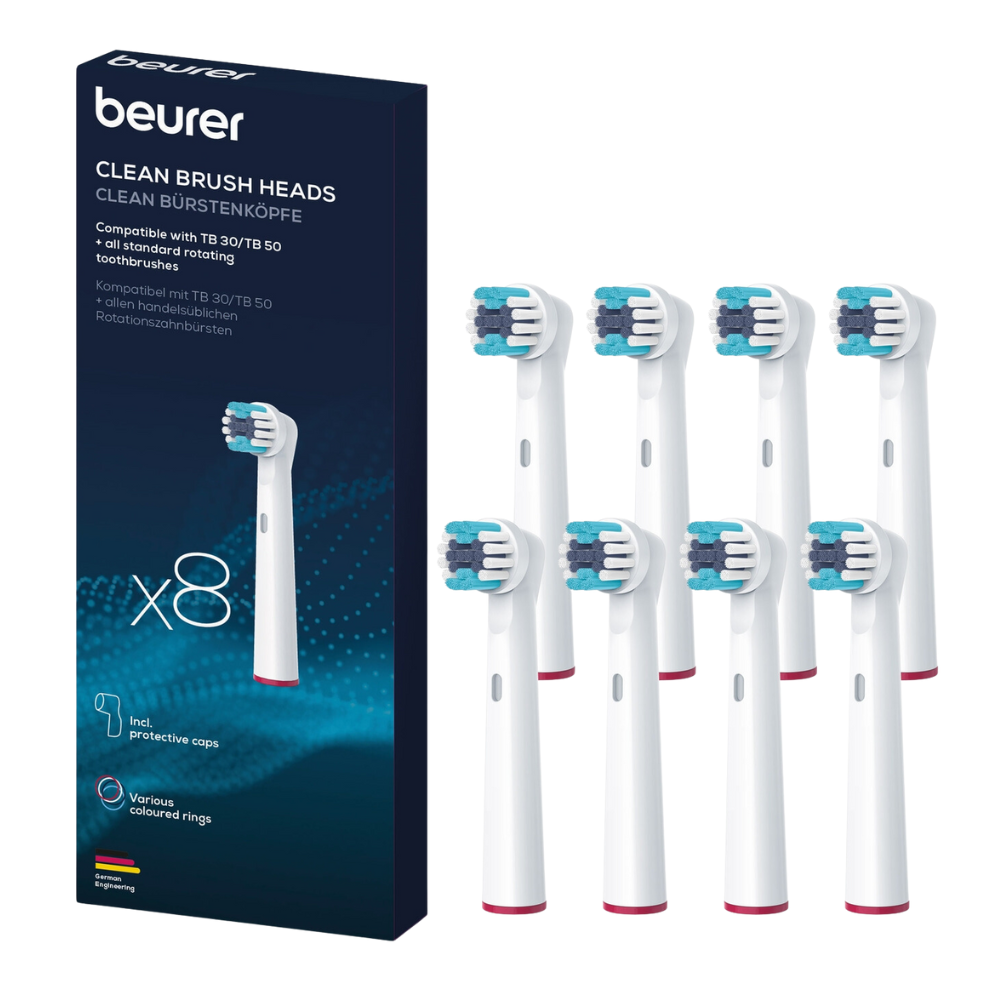 Image de Beurer GmbH Tête de brosse Clean pour TB 30/TB 50 emballage et huit têtes de brosse de rechange individuelles. L'emballage bleu marine avec texte blanc montre la compatibilité avec les brosses à dents rotatives TB 30/TB 50. Contient huit têtes de brosse propres avec des anneaux colorés et des capuchons de protection.