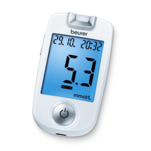 Der weiße Auslaufartikel: Beurer GL 40 Blutzuckermessgerät der Beurer GmbH zeigt auf seinem blauen Bildschirm 5,3 mmol/L an, mit Batteriesymbol, Datum (29.10.), Uhrzeit (20:32) und einem großen unteren Einschaltknopf zur einfachen Bedienung mit Blutzucker-Teststreifen.