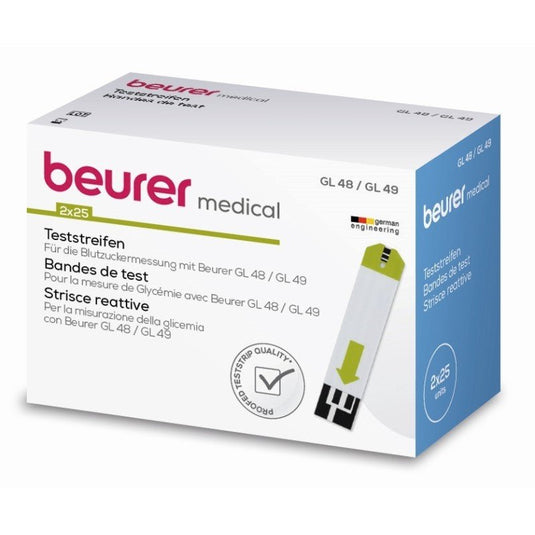 Un paquet Beurer Bandelettes de test pour GL 48/49 - 50 pièces de la Beurer S.A.R.L. L'étiquette indique que le produit contient 2 x 25 bandelettes de test. Sur l'emballage, on voit principalement le Beurer- l'identité visuelle, quelques informations en plusieurs langues et l'illustration d'une bande de test d'un dispositif médical.