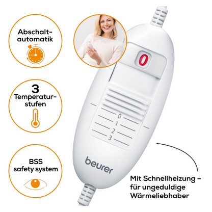 Een afbeelding toont de witte verwarmingskussen-controller Beurer HK 42 verwarmingskussen Super-Cosy van de Beurer GmbH met gelabelde functies zoals 'Automatische uitschakeling', '3 temperatuurinstellingen' en 'BSS-veiligheidssysteem'. De controller toont een controlelampje en een schuifregelaar voor de instellingen. De tekst luidt: 'Met snelverwarming - voor ongeduldige warmte.'

