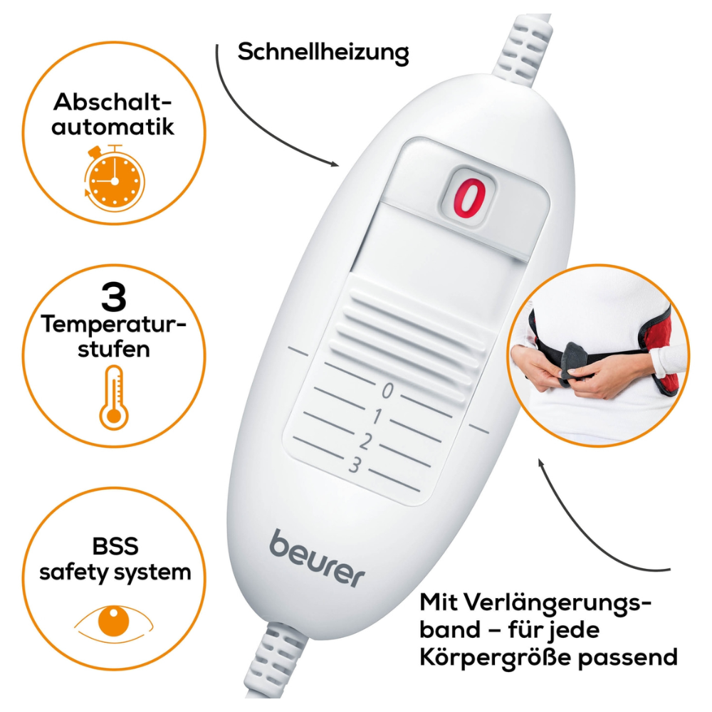 Afbeelding van een witte Beurer HK 55 verwarmingskussen Easyfix-controller van Beurer GmbH. Het heeft 3 temperatuurniveaus, een automatische uitschakelfunctie en een BSS-veiligheidssysteem. De Duitse tekst wijst erop dat het beschikt over een snelle verwarming voor snel opwarmen en een verlengriem die geschikt is voor buik, rug, gewrichten of elke andere lichaamsgrootte.