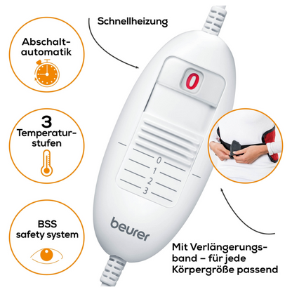 Afbeelding van een witte Beurer HK 55 verwarmingskussen Easyfix-controller van Beurer GmbH. Het heeft 3 temperatuurniveaus, een automatische uitschakelfunctie en een BSS-veiligheidssysteem. De Duitse tekst wijst erop dat het beschikt over een snelle verwarming voor snel opwarmen en een verlengriem die geschikt is voor buik, rug, gewrichten of elke andere lichaamsgrootte.