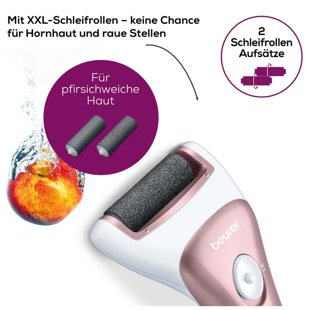 L'image montre un Beurer appareil de pédicure MP 55 rose et blanc (1 pièce) de Beurer GmbH avec un texte en allemand. Cet appareil électrique pour enlever les callosités est livré avec deux rouleaux abrasifs XXL amovibles, connus pour leur efficacité contre les cors et les zones rugueuses, et assurent une peau lisse. Il dispose également d'un pratique port Micro-USB pour le rechargement.