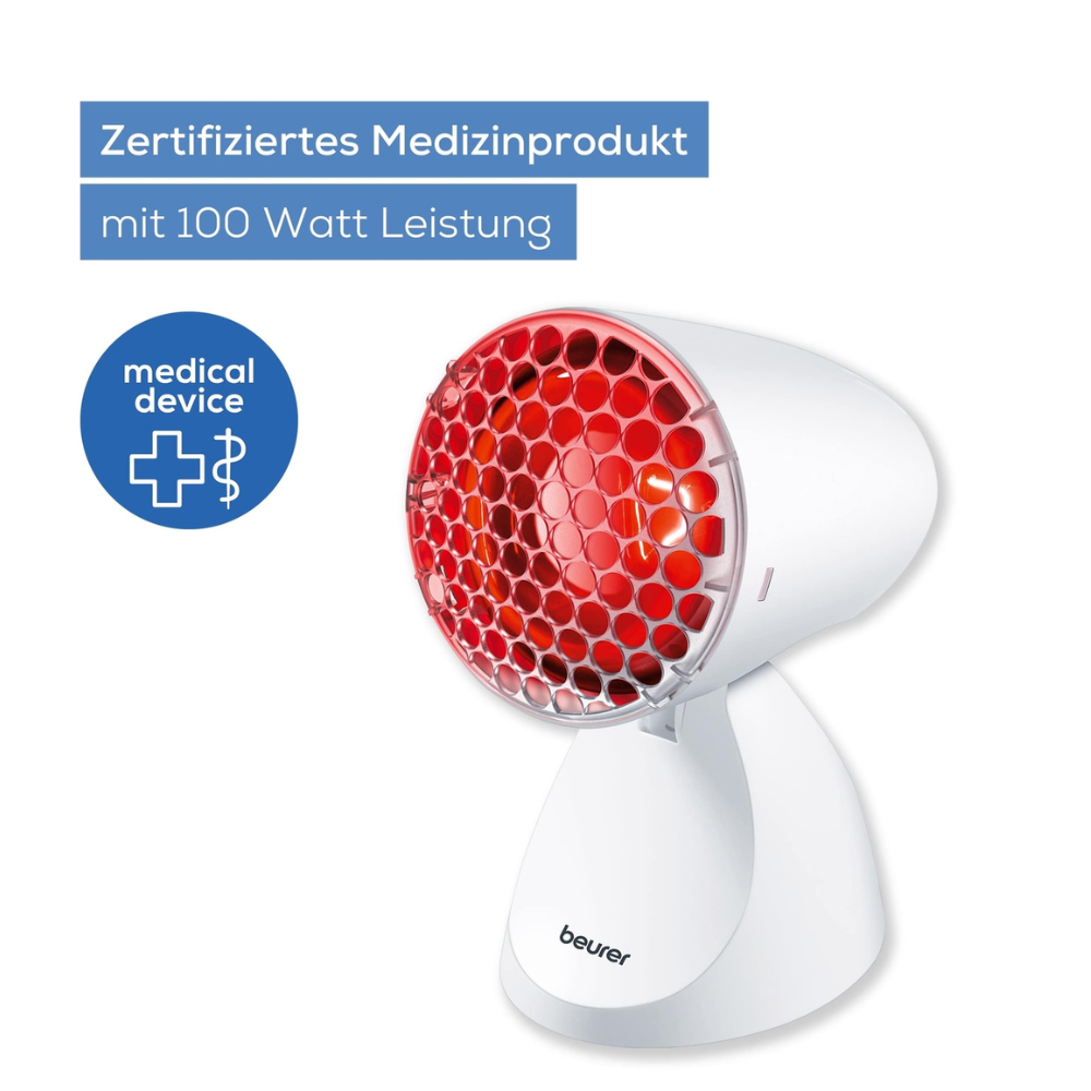 Die Auslaufartikel: Beurer Infrarotlampe IL 11 von Beurer GmbH ist ein zertifiziertes Medizinprodukt (100 Watt), das mit rotem Licht Muskelverspannungen lindert. Links zeigt ein blauer Kreis das Medizin-Icon. Die Packung enthält 1 Stück.