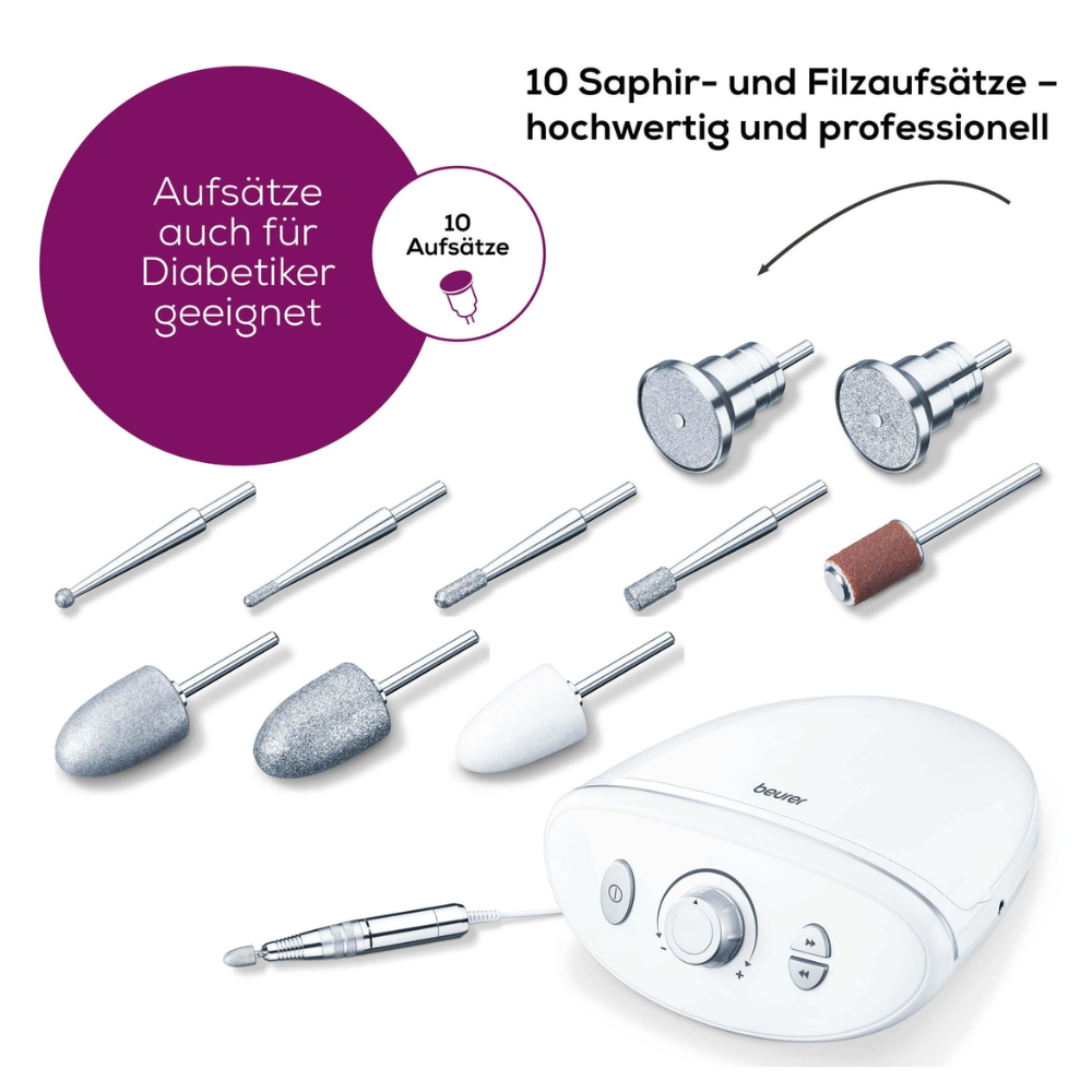 Een wit elektronisch apparaat met het opschrift "Beurer MP 100 Manicure-/Pedicurestation | Verpakking (1 stuk)" van de Beurer GmbH, waaromheen verschillende verwisselbare saffier- en vilten tips zijn gerangschikt. De Duitse tekst benadrukt 10 hoogwaardige opzetstukken die geschikt zijn voor diabetici en wijst erop dat deze manicure- en pedicurestation is ontworpen voor professioneel gebruik.