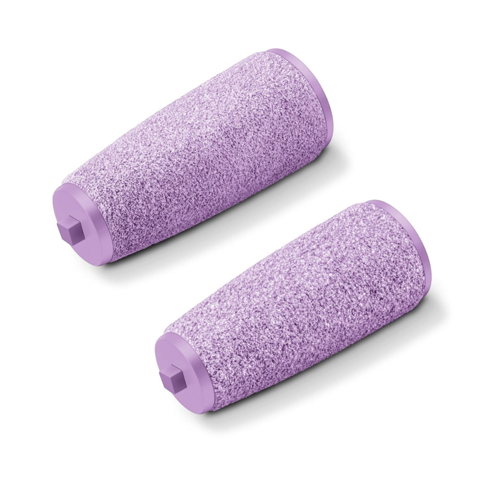 L'image montre deux rouleaux cylindriques en violet clair, conçus pour le peeling avec une texture rugueuse. Ces rouleaux abrasifs ressemblent à ceux du Beurer MP 59 kit de recharge pour éliminateur de callosités de la Beurer GmbH et disposent de bouts plats avec un petit embout proéminent d'un côté.