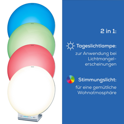 Een afbeelding met vier cirkelvormige lichten in blauw, groen, rood en wit voor een achtergrond met kleurverloop. De tekst rechts luidt: „2 in 1: daglichtlamp voor lichtgebrek symptomen. Sfeerverlichting voor een gezellige woonomgeving.“ Bedien de Beurer daglichtlamp TL 100 | moeiteloos via de Beurer LightUp App Verpakking (1 stuk) van Beurer GmbH voor extra comfort.