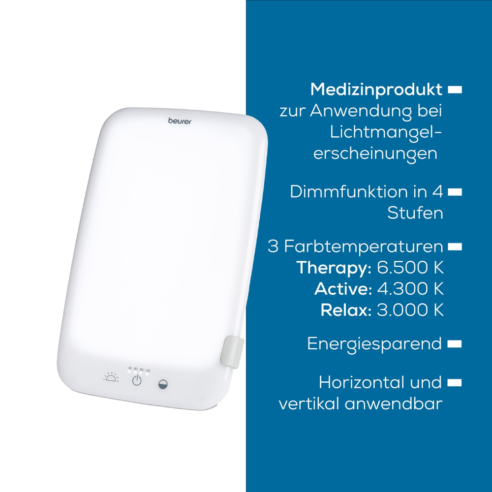 Image de la lampe de luminothérapie Beurer TL 35 sur fond blanc. La lampe est blanche et rectangulaire avec des bords arrondis. Le texte dans l'image décrit les fonctionnalités du produit, y compris la luminosité réglable avec un variateur, trois températures de couleur et l'efficacité énergétique. Le produit est fabriqué par la société Beurer GmbH et livré dans un emballage avec une seule pièce.