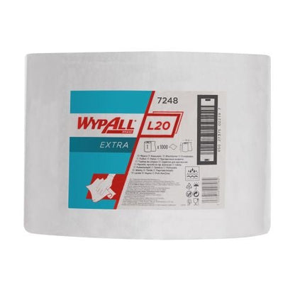 De WypAll® L20 EXTRA poetsdoeken Grootrol (wit, 1 rol x 1000 doeken) van Kimberly-Clark GmbH is ideaal voor industrieel gebruik en biedt absorberende reinigingsdoeken in een praktische doos.