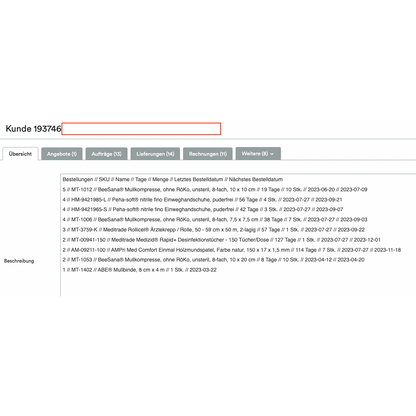 Une capture d'écran montrant une interface Altruan ClientView Orders avec différents onglets tels que « Aperçu », « Offres » et plus. En haut, le numéro de client 193746 est mis en évidence. La section suivante montre l'aperçu client Weclapp par produits achetés.