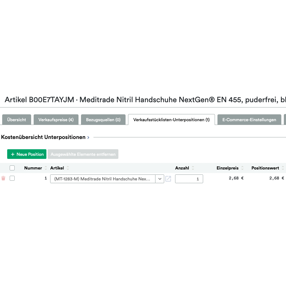 Screenshot einer Website-Seite, auf der eine Bestellung für „UnitTable Sync: Weclapp Verpackungseinheiten und Stücklistengenerator“ mit Amazon-ASINS, Menge und Preis in einer Rasteransicht angezeigt wird.
