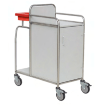 De Novocal stationwagen heeft een volledig gelaste roestvrijstalen frame, vier wielen, een witte opbergkast, een zijhandgreep, bovenrails en een rode container - perfect voor ziekenhuizen die betrouwbare en hygiënische transportoplossingen nodig hebben.