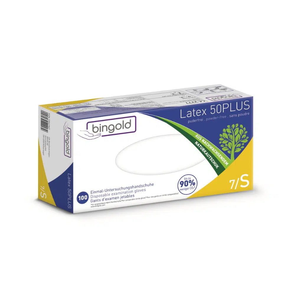 Eine Schachtel Bingold Latex 50PLUS Latexhandschuhe, weiß, Größe 7/S. Die Verpackung ist weiß-gelb mit grünen Akzenten gestaltet und enthält 100 Latexhandschuhe. Diese puderfreien Handschuhe bestehen hauptsächlich aus Naturlatex (90 % natürlichen Ursprungs) und sind ideal für den Einsatz im Labor und bieten Schutz vor chemischen Gefahren.