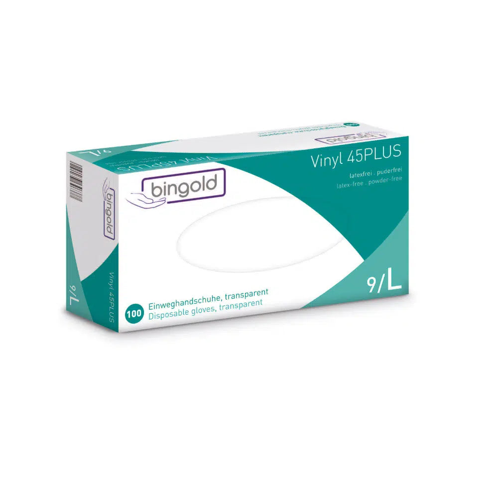 Une boîte de gants jetables Bingold Vinyl 45PLUS, taille 9/L, de BINGOLD GmbH + Co. KG. L'emballage est principalement blanc avec des accents verts et bleus, marqué comme alternative au latex et sans poudre. Elle contient 100 gants en vinyle transparents.