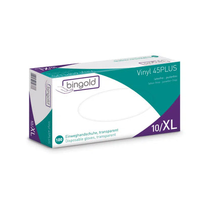 Une boîte de gants jetables Bingold Vinyl 45PLUS en taille XL, avec un emballage blanc-bleu-vert avec des accents violets, vante ces gants comme une alternative sans latex et sans poudre au latex. La boîte contient 100 gants transparents.