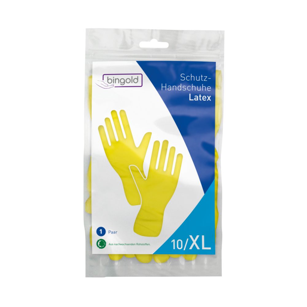 Les gants de protection Bingold en latex, jaunes de taille XL sont emballés dans une housse transparente et sont munis d'une étiquette illustrant des gants jaunes. Le texte de l'étiquette « Gants de protection en latex » souligne leur utilisation en tant que gants de protection chimique. Contient une paire. Marque : BINGOLD GmbH + Co. KG.