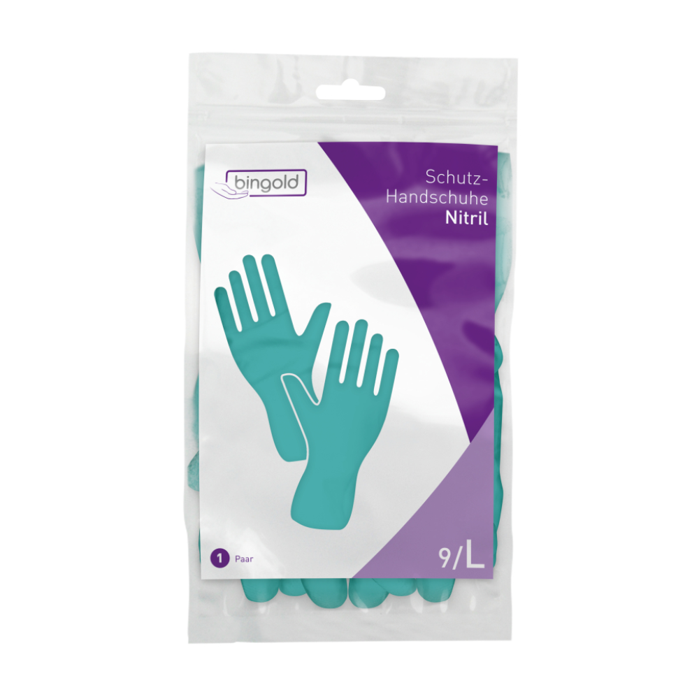 Le contenu de la livraison comprend des gants de protection en nitrile Bingold turquoise en taille 9/L. Sur l'emballage blanc-violet, des gants réutilisables sont illustrés, destinés à protéger contre les dangers chimiques.