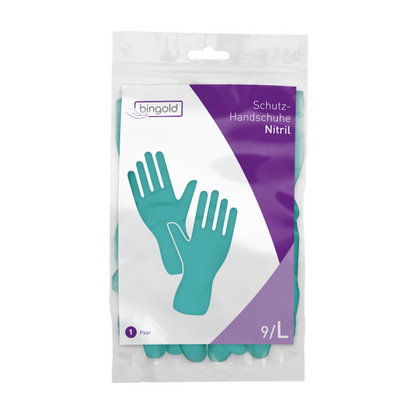 Le contenu de la livraison comprend des gants de protection en nitrile Bingold turquoise en taille 9/L. Sur l'emballage blanc-violet, des gants réutilisables sont illustrés, destinés à protéger contre les dangers chimiques.