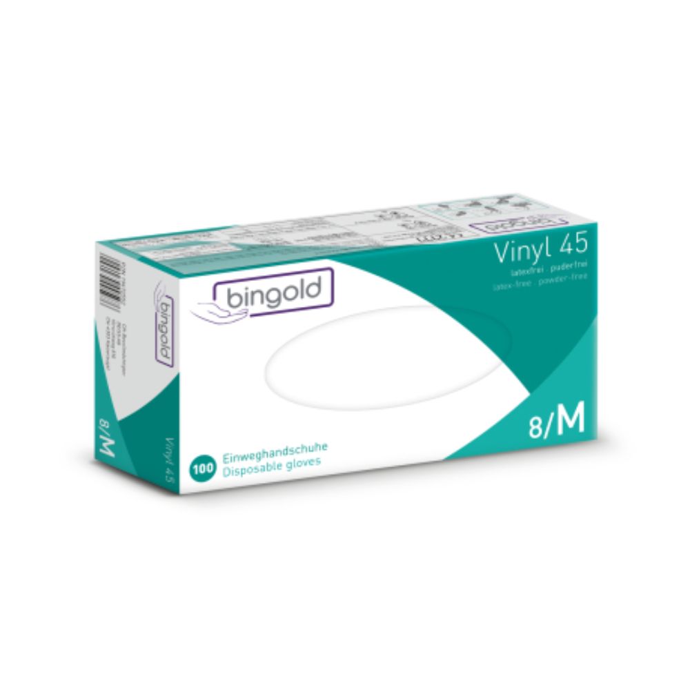 De verpakking van de Bingold Vinyl 45 wegwerphandschoenen in groen en wit heeft de opschriften 'poedervrij', 'latexfrei' en '8/M'. Ze bevat 100 handschoenen en is voorzien van de branding van BINGOLD GmbH + Co. KG en de beschermingsklasse CAT III om de veiligheid te waarborgen.