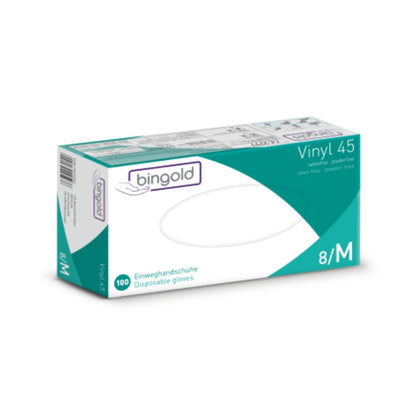 De verpakking van de Bingold Vinyl 45 wegwerphandschoenen in groen en wit heeft de opschriften 'poedervrij', 'latexfrei' en '8/M'. Ze bevat 100 handschoenen en is voorzien van de branding van BINGOLD GmbH + Co. KG en de beschermingsklasse CAT III om de veiligheid te waarborgen.