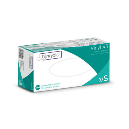 Afbeelding van een overwegend witte doos met groene accenten en de tekst 'Bingold Vinyl 45 wegwerphandschoenen'. De doos van BINGOLD GmbH + Co. KG bevat 100 poedervrije wegwerphandschoenen in maat 7/S en is gemarkeerd als BESCHERMINGSKLASSE CAT III.