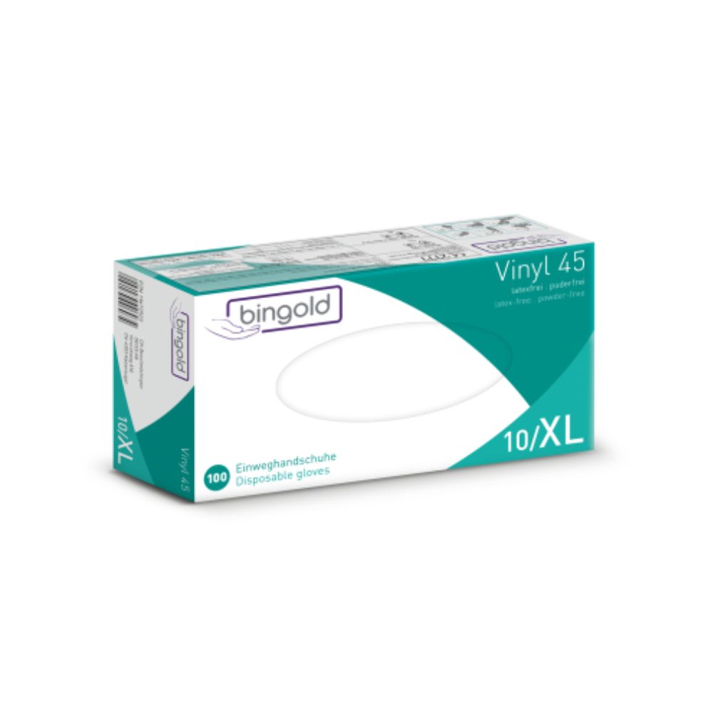Bingold Vinyl 45 wegwerphandschoenen van BINGOLD GmbH + Co. KG zijn verkrijgbaar in maat 10/XL en worden verpakt in een witte doos met groene en paarse accenten en Engelse en Duitse productdetails. De doos bevat 100 transparante, latexfrei, poedervrije handschoenen van de beschermingsklasse CAT III.