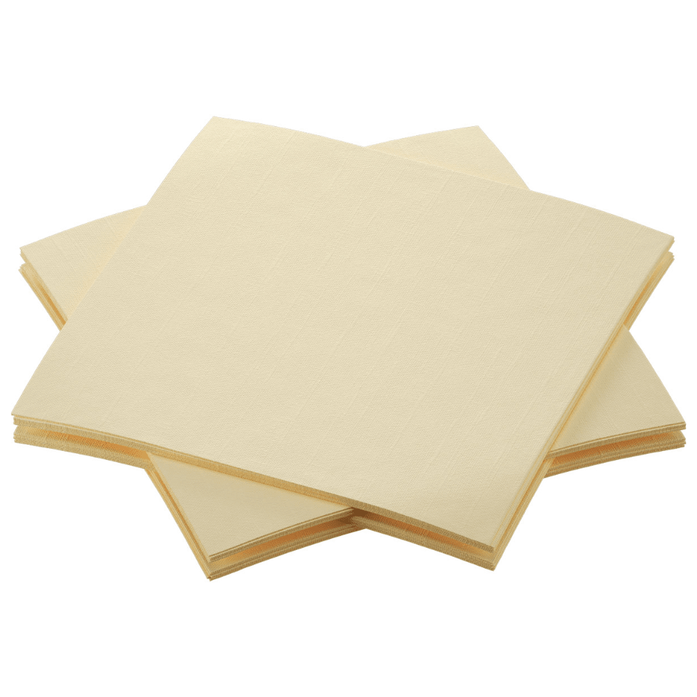 Een set van vier biologische Dunisoft® servetten van Duni GmbH in elegant beige is netjes gerangschikt, waarbij elk servet de andere licht overlapt. Met een subtiel structuurpatroon en een witte achtergrond zijn deze servetten perfect voor liefhebbers van duurzame gastronomie.