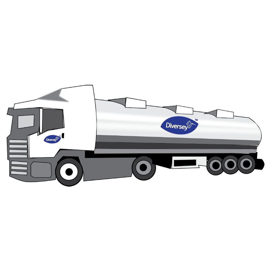 Un camion-citerne blanc-gris avec trois essieux arrière et le logo de Diversey Deutschland GmbH & Co. OHG sur la cabine et le réservoir, conçu pour la livraison de Suma Power T57 Alkalibooster aux cuisines professionnelles et systèmes de lavage de vaisselle automatique. Fond blanc simple.