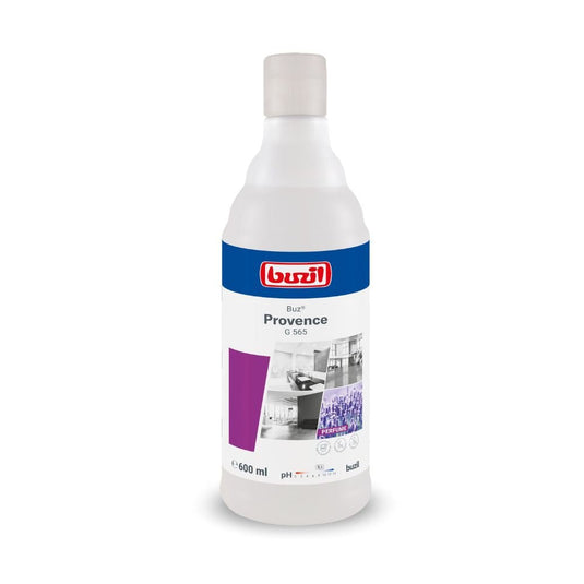 Een fles van 600 ml Buzil Air Provence G 565, een gebruiksklare ruimtespray van BUZIL-WERK Wagner GmbH & Co. KG, voorzien van een wit-blauw etiket met het merklogo, de productnaam en afbeeldingen van schone binnenruimtes.