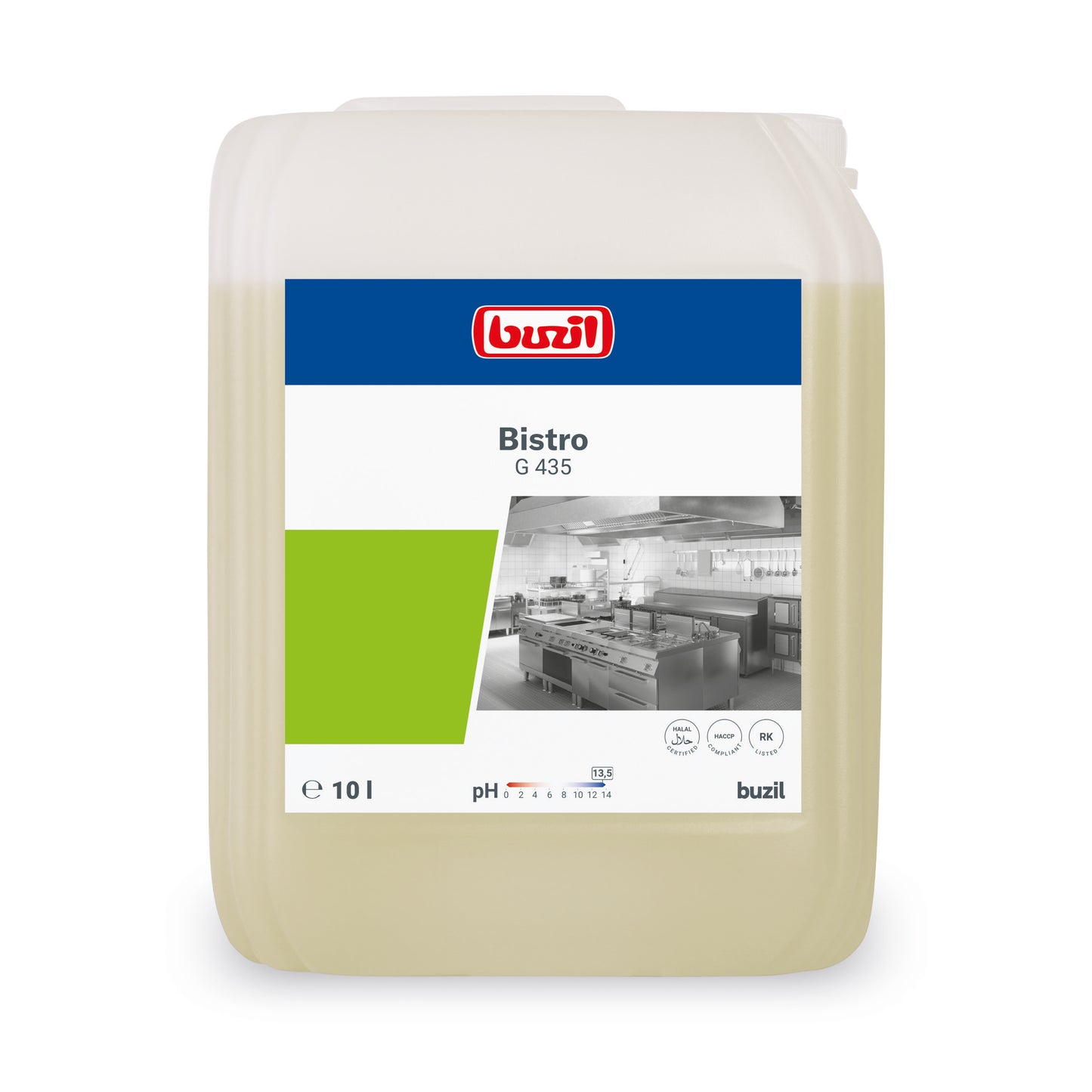Een 10-liter container Buzil Bistro G 435 Intensieve Keuken- & Vetreiniger van BUZIL-WERK Wagner GmbH & Co. KG zorgt voor hygiënisch schone oppervlakken. Op het etiket zijn naast een keukenafbeelding ook productdetails zoals pH-waarde en toepassingssymbolen te zien. De lichtgele vetreiniger-container is bovenaan voorzien van een draaggreep voor gemakkelijk dragen.