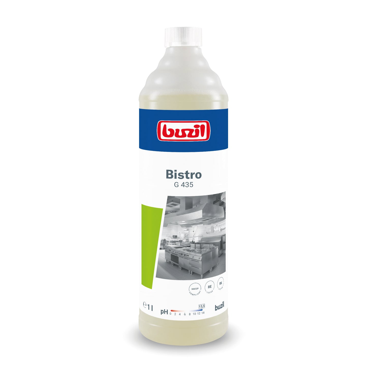 Het afwasmiddel Buzil Bistro G 435 Intensieve Keuken- & Vetreiniger van BUZIL-WERK Wagner GmbH & Co. KG is verkrijgbaar in een hoge fles met blauwe dop en keukenetiket. De 1-liter reiniger zorgt voor hygiënisch schone oppervlakken en biedt naast pH-waarde informatie ook merkinformatie.