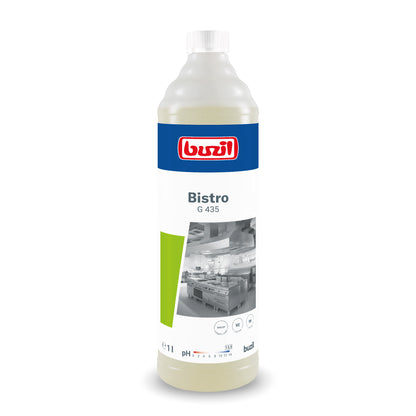 Het afwasmiddel Buzil Bistro G 435 Intensieve Keuken- & Vetreiniger van BUZIL-WERK Wagner GmbH & Co. KG is verkrijgbaar in een hoge fles met blauwe dop en keukenetiket. De 1-liter reiniger zorgt voor hygiënisch schone oppervlakken en biedt naast pH-waarde informatie ook merkinformatie.
