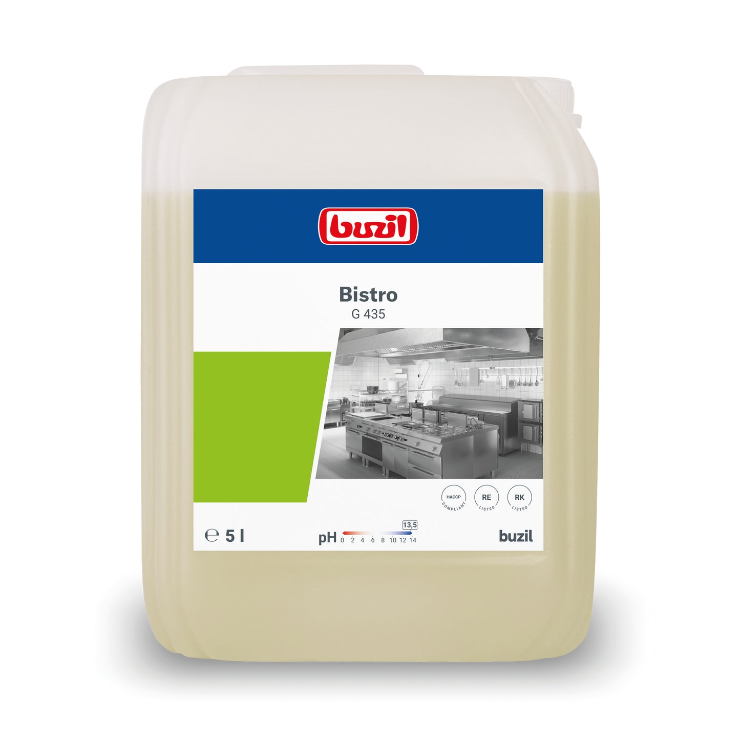 Een 5-liter container met Buzil Bistro G 435 Intensieve Keuken- & Vetreiniger van BUZIL-WERK Wagner GmbH & Co. KG is voorzien van een etiket met een keukenafbeelding, een groen rechthoek en informatie zoals de pH-waarde en toepassingssymbolen. Deze doorschijnende container is perfect voor hygiënisch schone oppervlakken en is uitgerust met een praktische schroefdop.