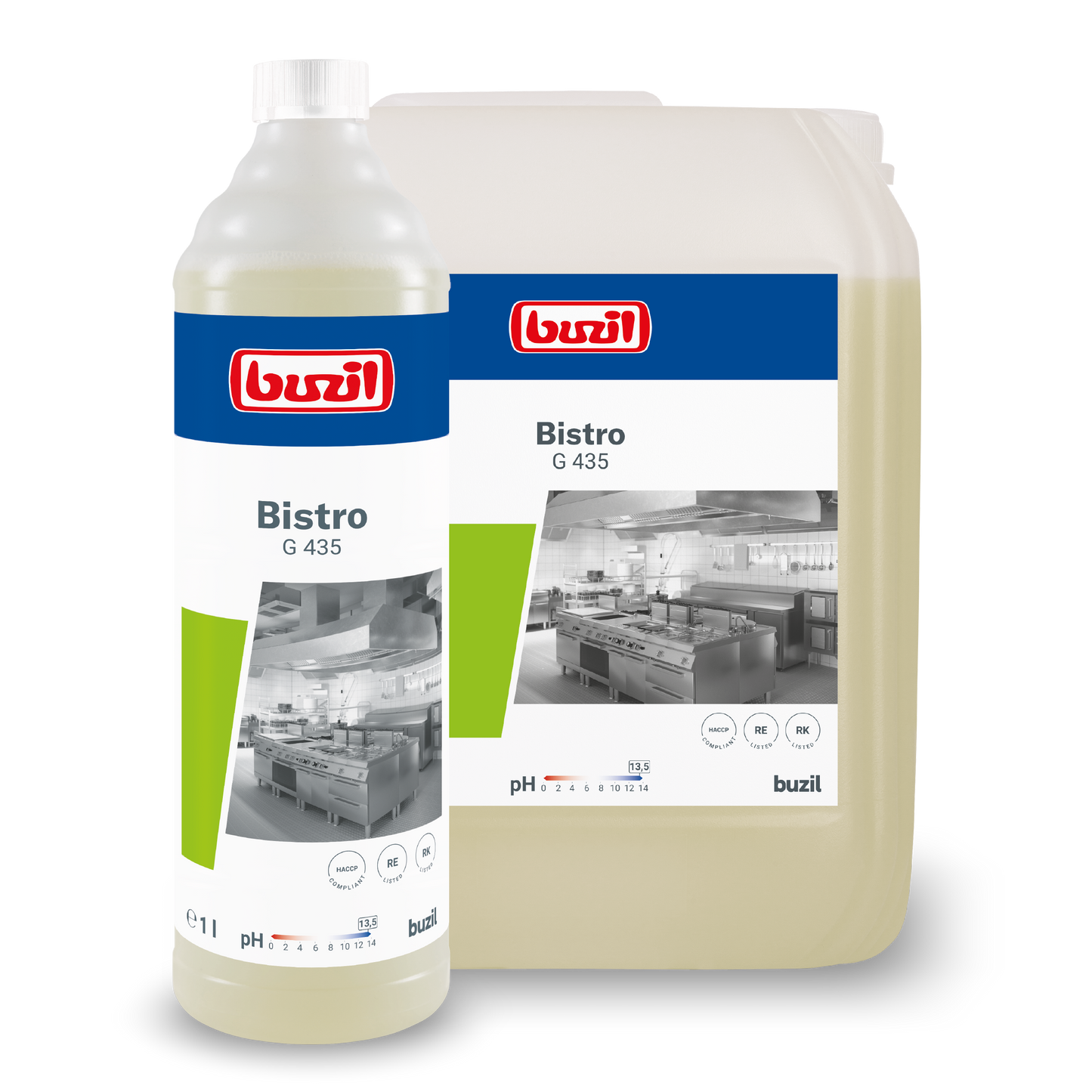 Afgebeeld zijn twee containers met Buzil Bistro G 435 Intensieve Keuken- & Vetreiniger van BUZIL-WERK Wagner GmbH & Co. KG. De grotere is een doorzichtige kruik, de kleinere een heldere fles. Beide zijn voorzien van etiketten met keukenafbeelding en productdetails voor hygiënisch schone oppervlakken. Ideaal als krachtige vetreiniger voor vlekkeloze resultaten.