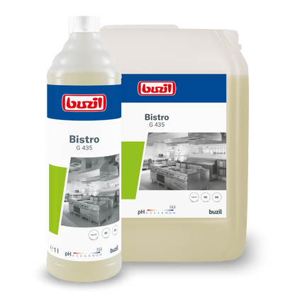 Afgebeeld zijn twee containers met Buzil Bistro G 435 Intensieve Keuken- & Vetreiniger van BUZIL-WERK Wagner GmbH & Co. KG. De grotere is een doorzichtige kruik, de kleinere een heldere fles. Beide zijn voorzien van etiketten met keukenafbeelding en productdetails voor hygiënisch schone oppervlakken. Ideaal als krachtige vetreiniger voor vlekkeloze resultaten.