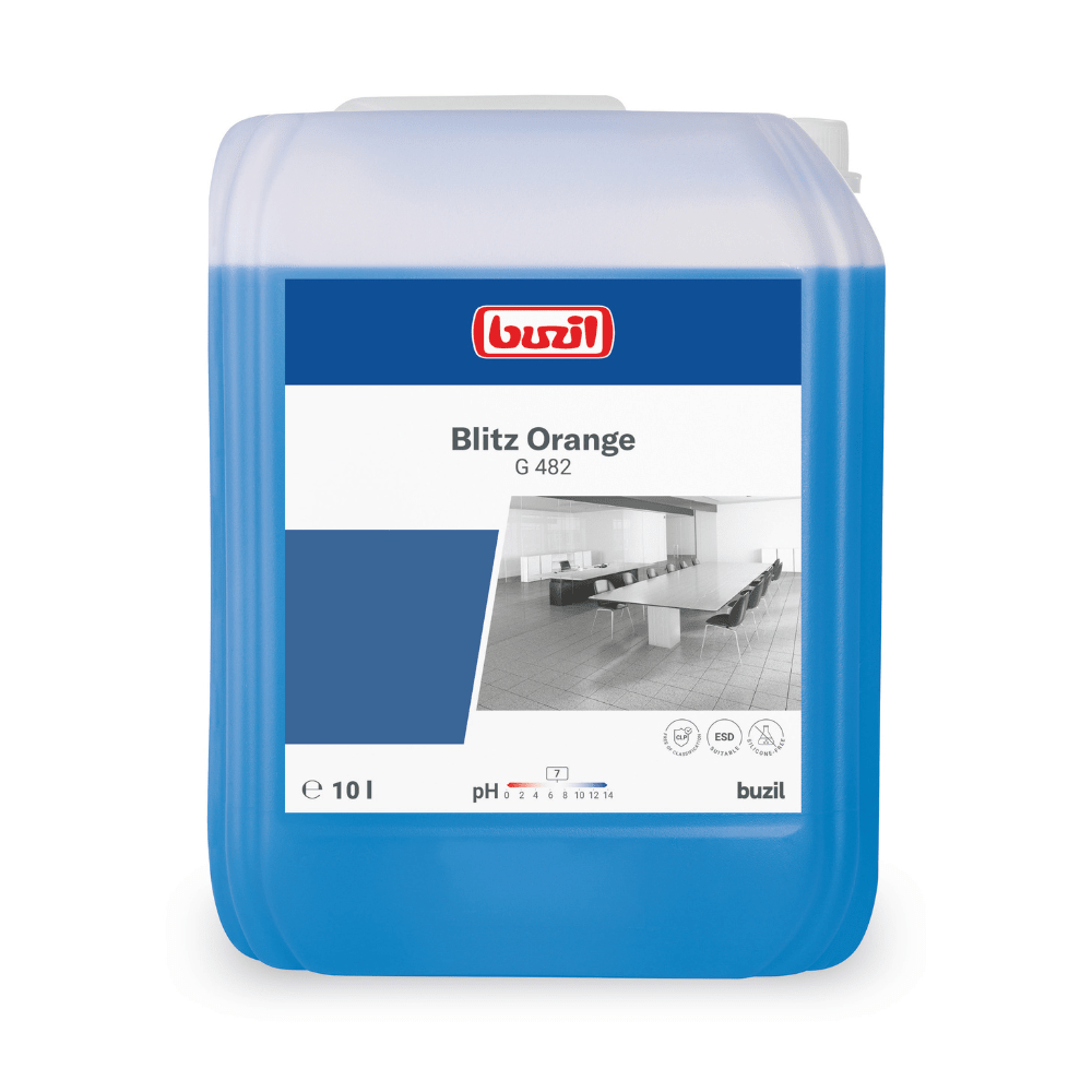 Le récipient de 10 litres du nettoyant universel Buzil Blitz Orange G 482 de BUZIL-WERK Wagner GmbH & Co. KG est conçu pour être utilisé sur des surfaces résistantes à l'eau. Le récipient, principalement bleu, est doté d'une étiquette blanche affichant une image d'entreprise, une échelle de pH et le logo du produit. Le tout est complété par le parfum rafraîchissant d'orange.