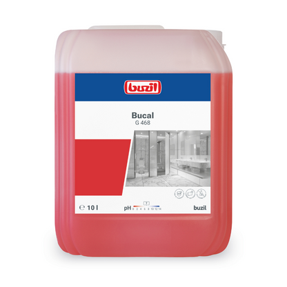 Un conteneur de 10 litres de Buzil Bucal G 468 Nettoyant sanitaire sans acide de BUZIL-WERK Wagner GmbH & Co. KG, connu pour sa formule sans acide et son parfum de fraîcheur. Le conteneur est rectangulaire, possède un design rouge et transparent et une étiquette sur le devant, sur laquelle le nom de la marque, les détails du produit et une image d'un intérieur propre sont visibles.