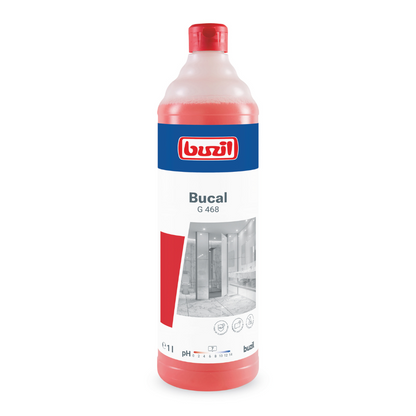 Une bouteille de 1 litre de Buzil Bucal G 468 Nettoyant sanitaire sans acide de BUZIL-WERK Wagner GmbH & Co. KG, reconnaissable à un bouchon rouge. L'étiquette montre un motif de salle de bain et souligne que le produit est à la fois sans acide et pH neutre et offre un parfum de fraîcheur rafraîchissant.